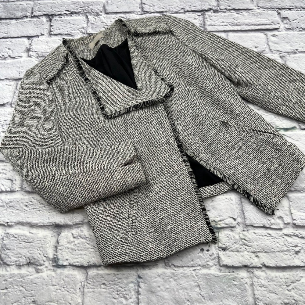 Ann Taylor Loft Womens Tweed Open Front Blazer Black White Fringe Trim Size 4